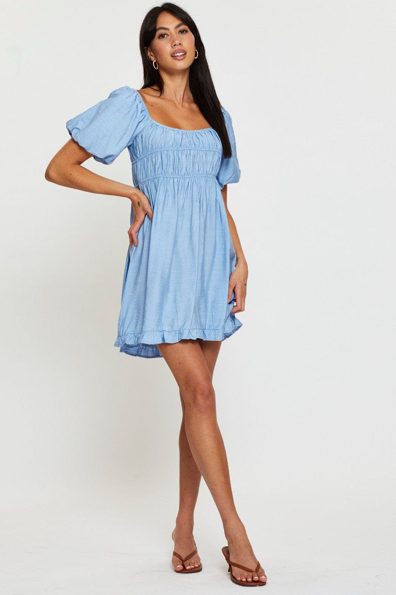 Blue Mini Dress Short Sleeve Evening
