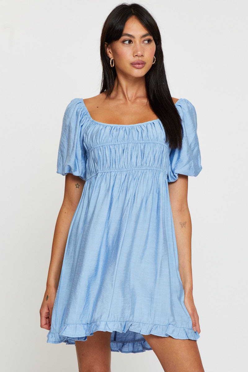Blue Mini Dress Short Sleeve Evening