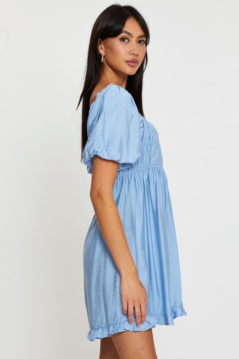 Blue Mini Dress Short Sleeve Evening