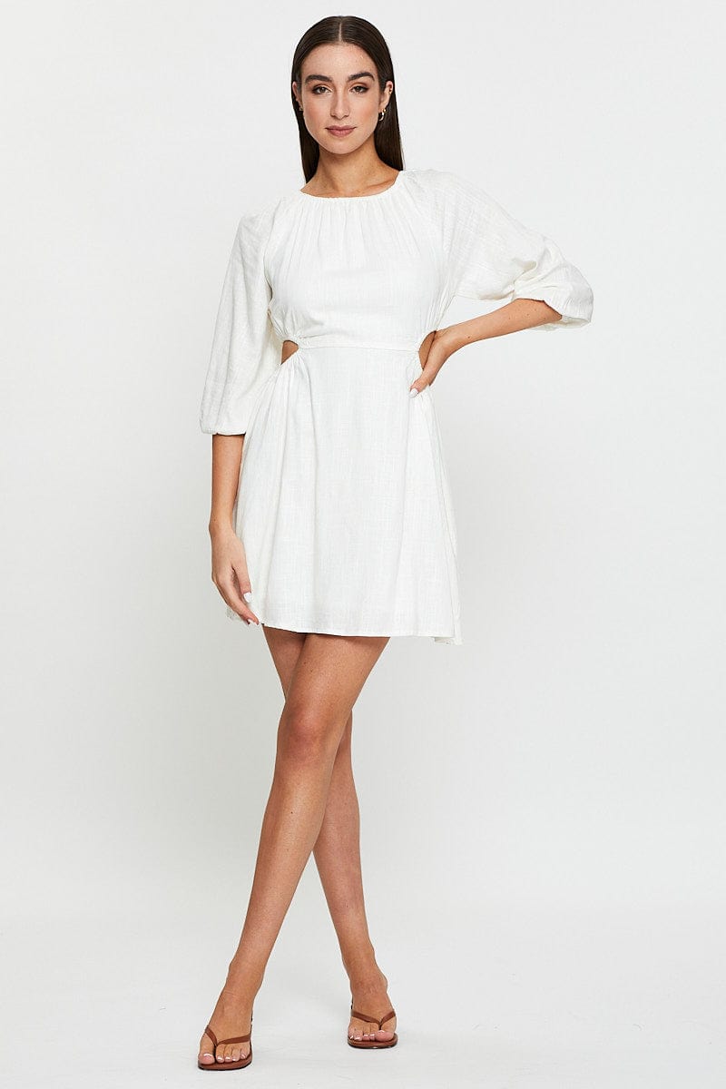 Beige Mini Dress Short Sleeve Linen