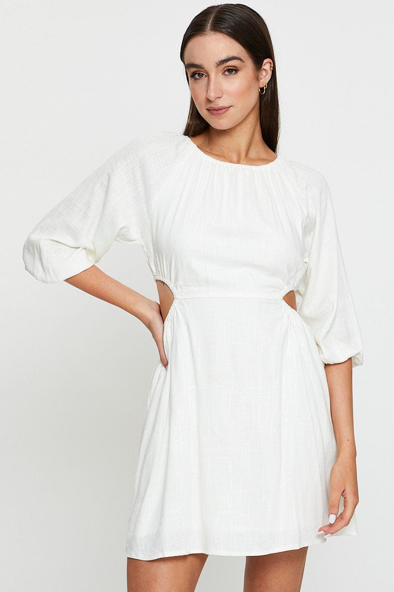 Beige Mini Dress Short Sleeve Linen