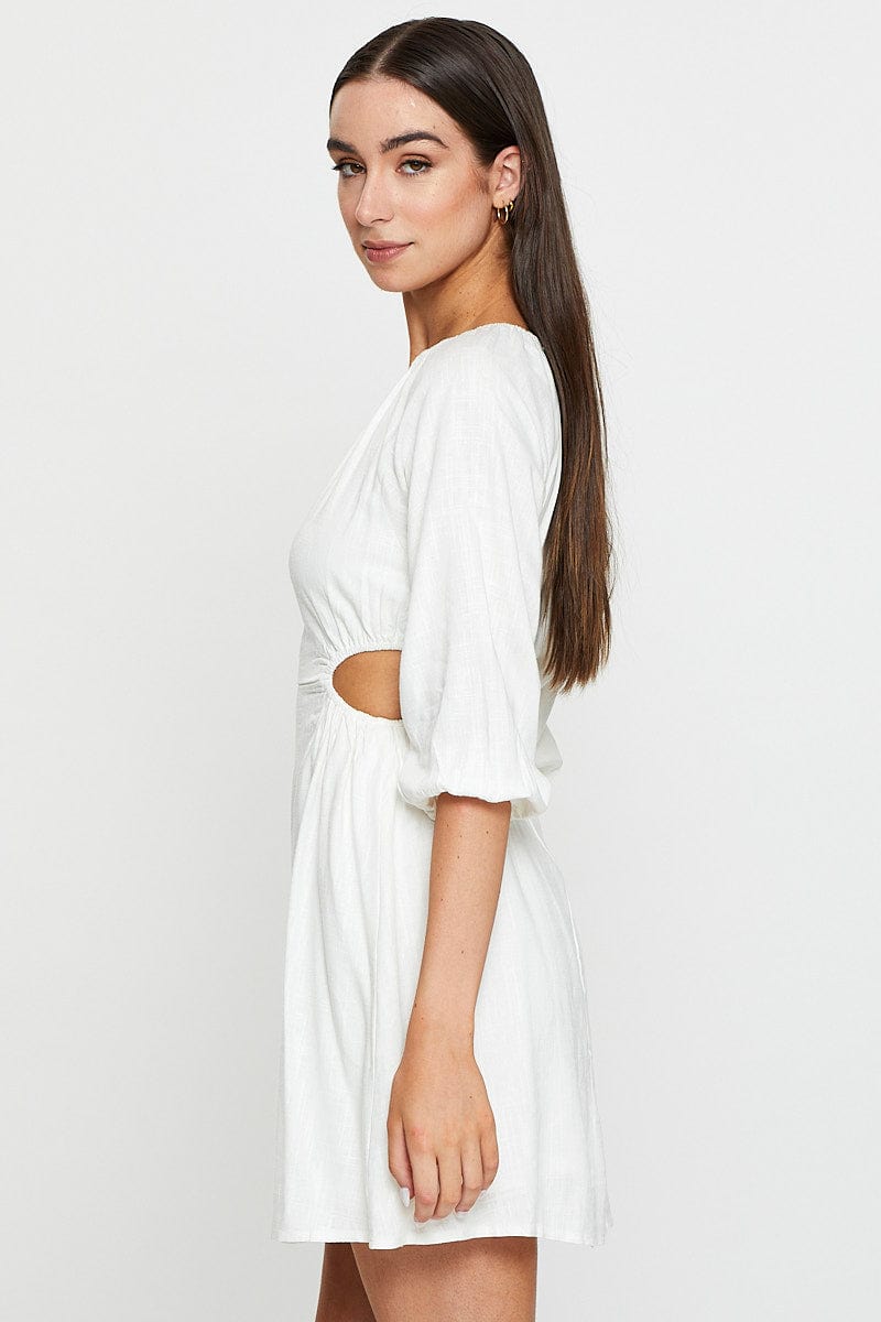 Beige Mini Dress Short Sleeve Linen