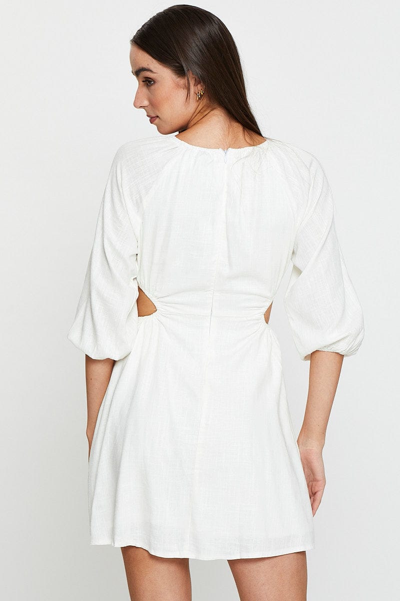 Beige Mini Dress Short Sleeve Linen